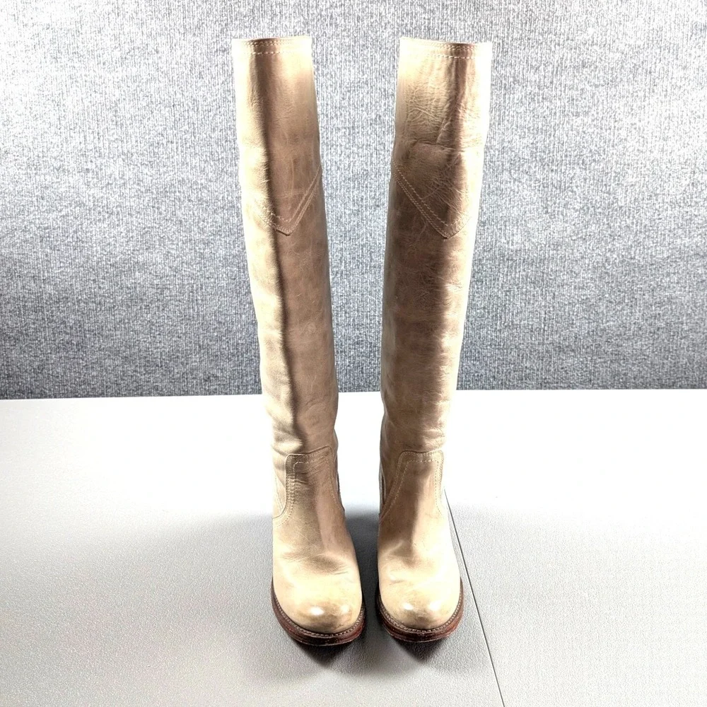 Frye Jane Tall Cuff Boots 6 Cream Taupe Leather OTK Riding Western Over the Knee